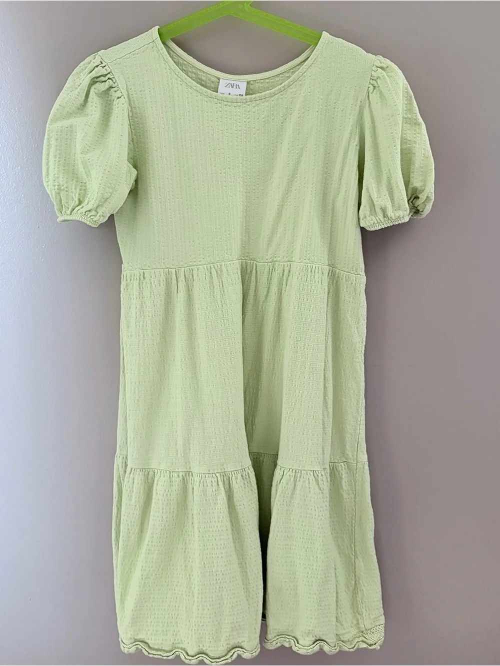 Zara Girls Puff Sleeve Textured Tiered Dress Light Green Size 9/134